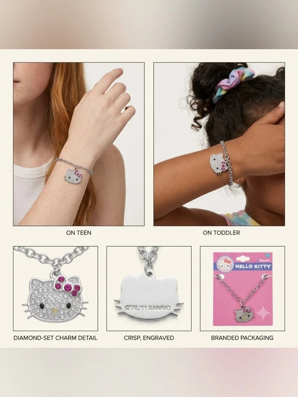 🍎NWT Hello Kitty Sanrio Rhinestone Charm Bracelet Silver-Tone Pink Bow Licensed
